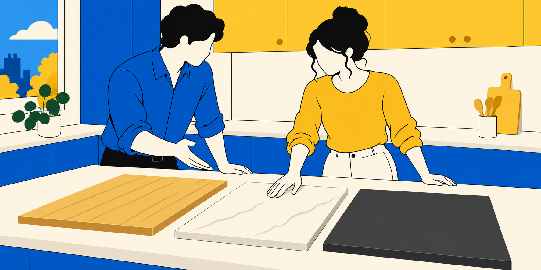 Illustration d’une cliente comparant trois échantillons de plans de travail avec un cuisiniste.