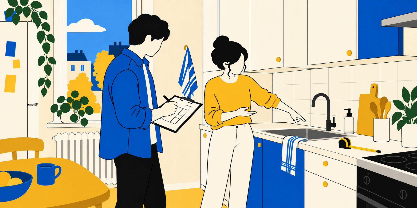 Illustration d'une cliente montrant son plan de travail à un cuisiniste qui prend des notes pendant une visite à domicile.