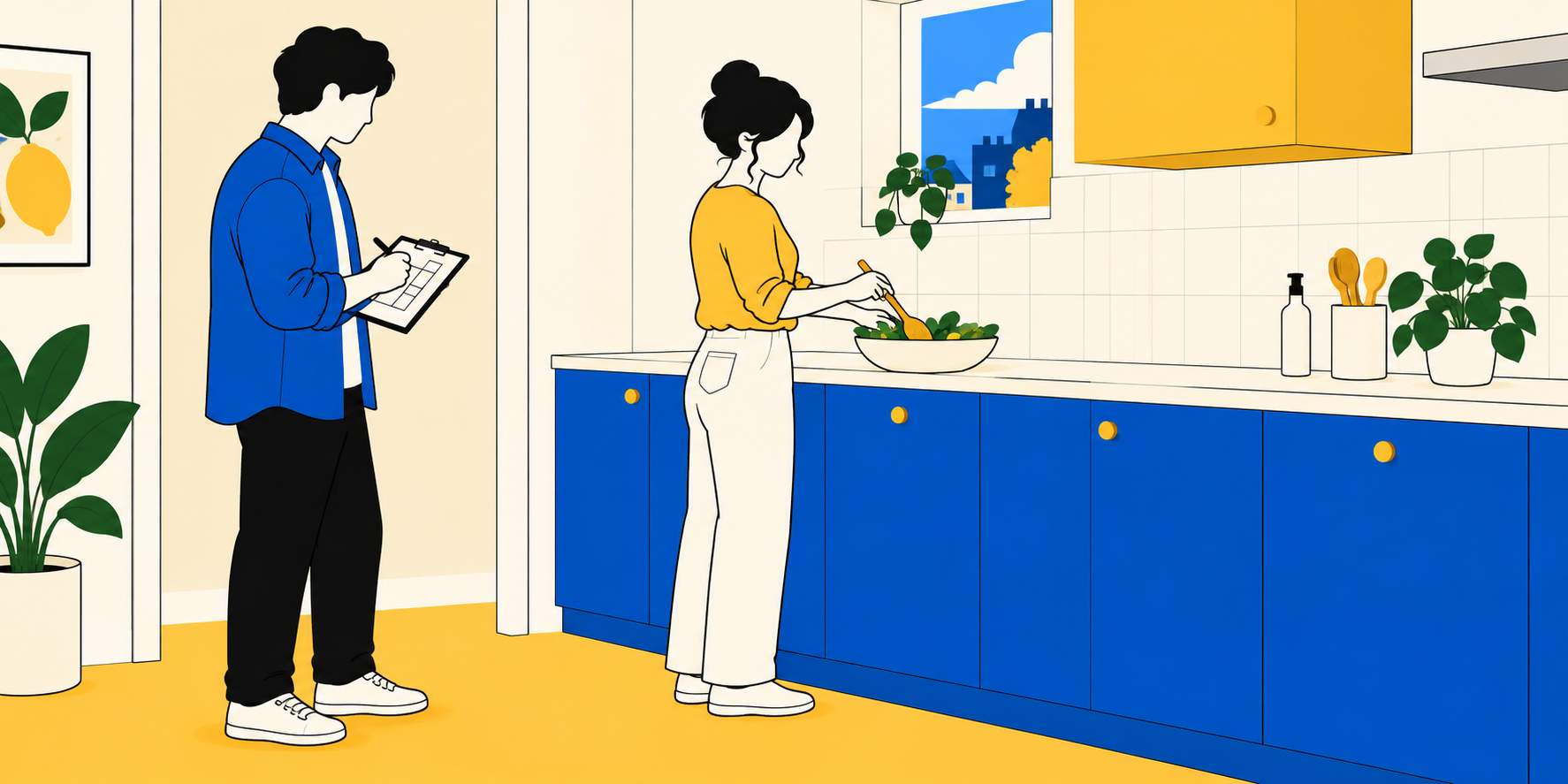 Illustration d’une cliente préparant un repas pendant qu’un conseiller observe l’usage du plan de travail.
