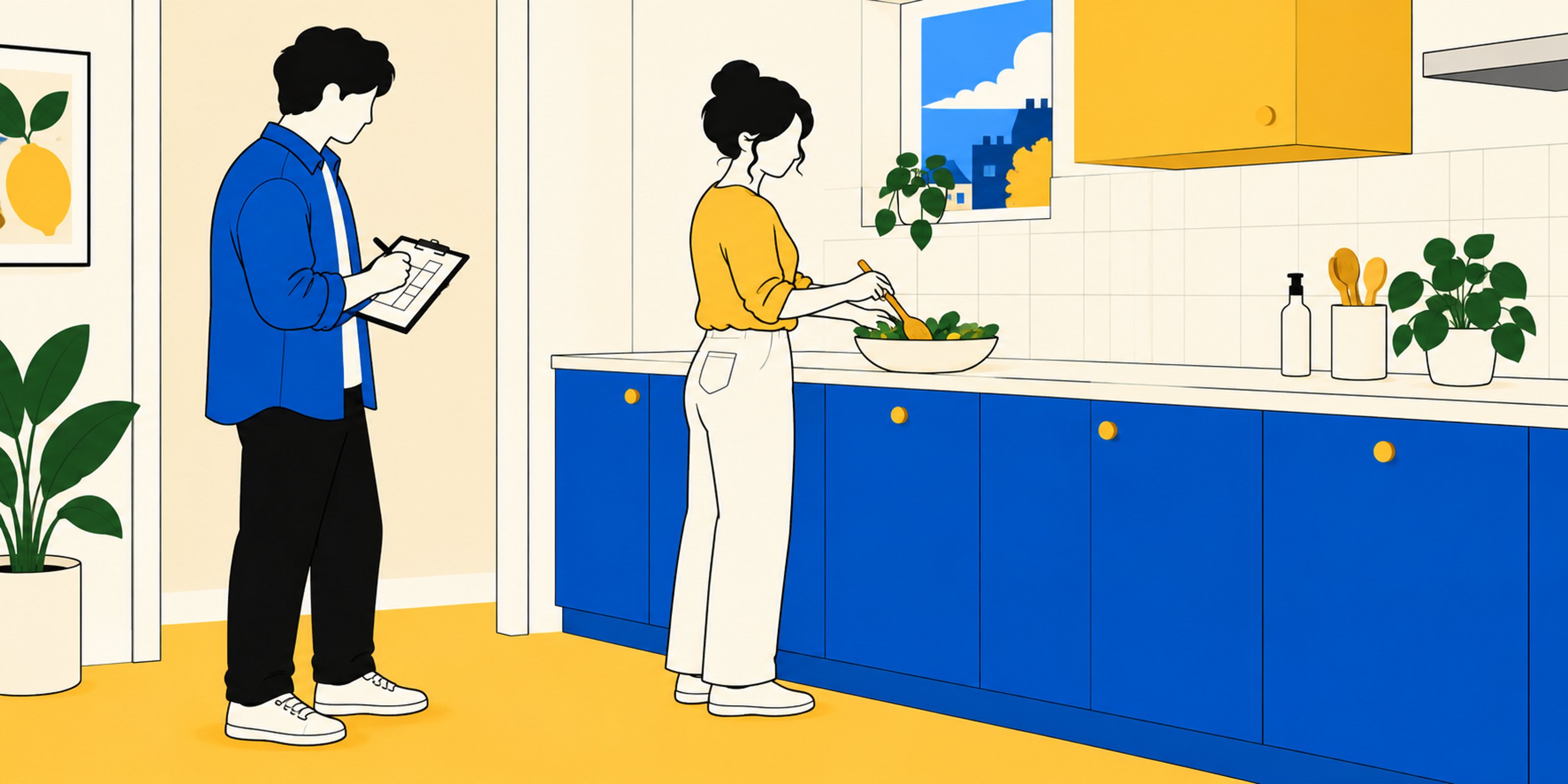 Illustration d’une cliente préparant un repas pendant qu’un conseiller observe l’usage du plan de travail.