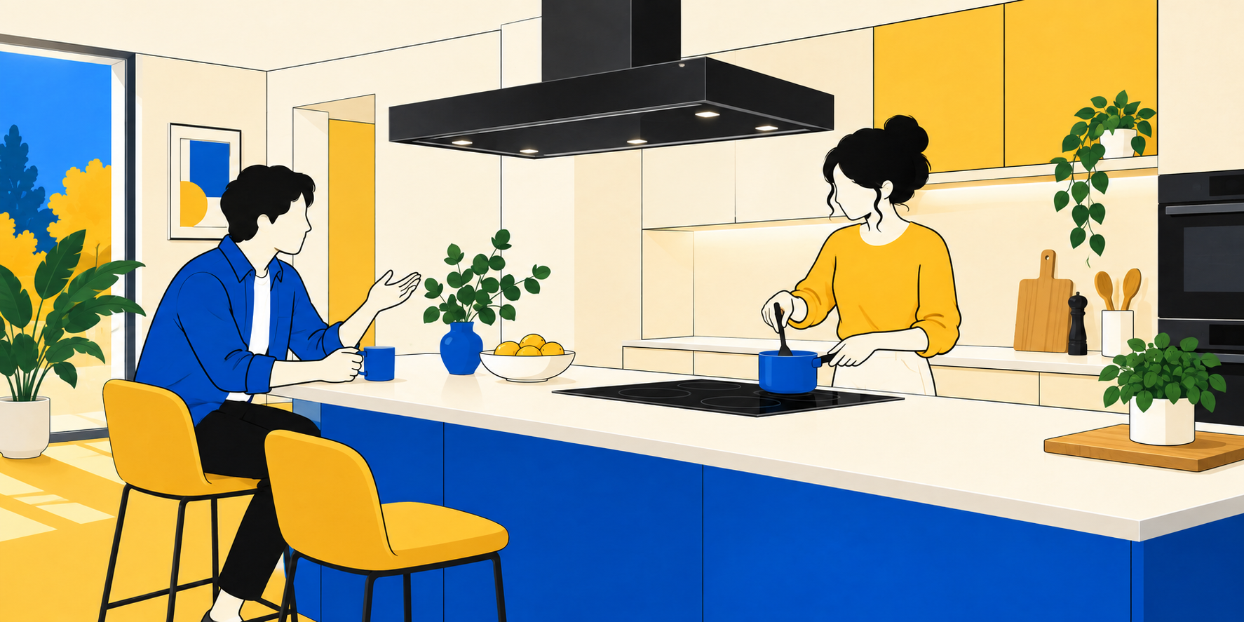 Illustration d’une cuisine avec une hotte suspendue au-dessus de l’îlot : une femme prépare le repas tandis qu’un homme est assis à l’autre extrémité.