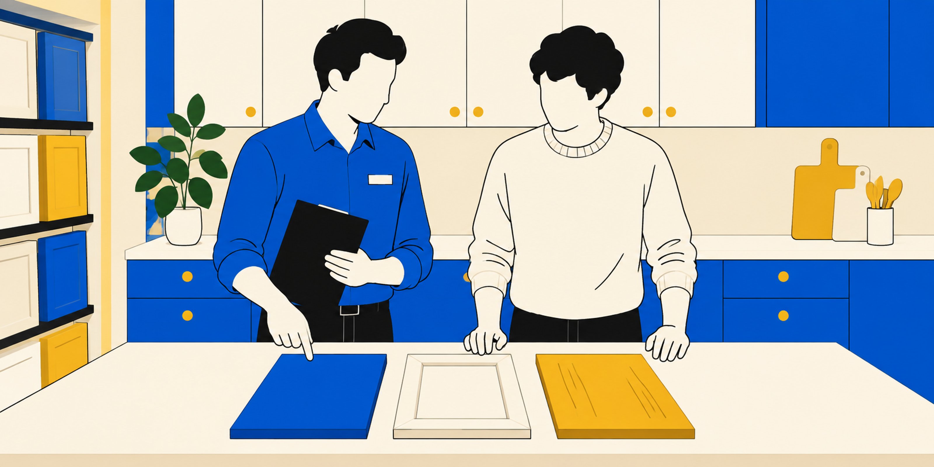 Illustration d’un client et d’un conseiller comparant des échantillons de façades au showroom.