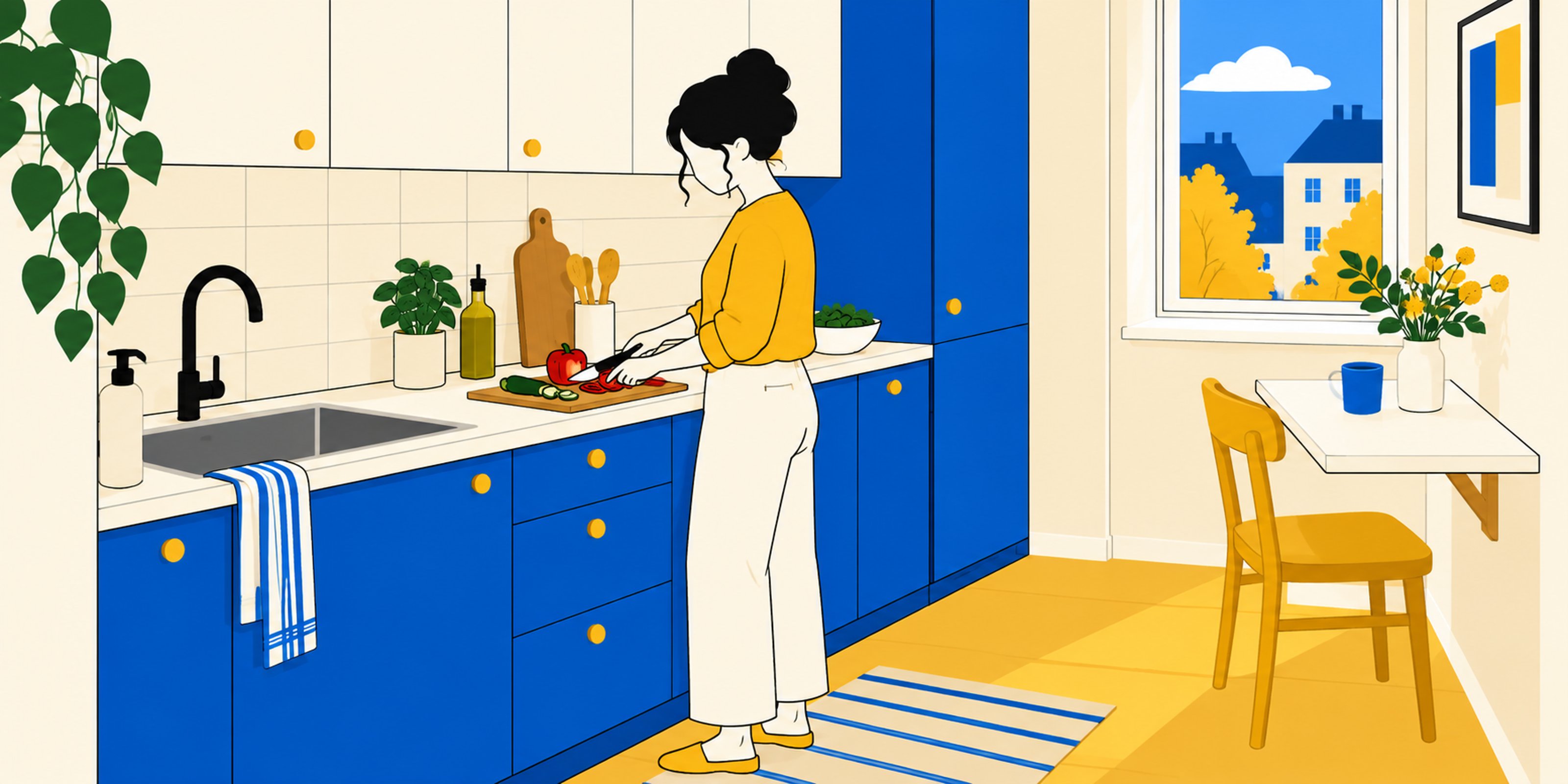 Illustration d’une femme préparant un repas dans une cuisine compacte, avec un plan dégagé et un petit coin repas séparé.