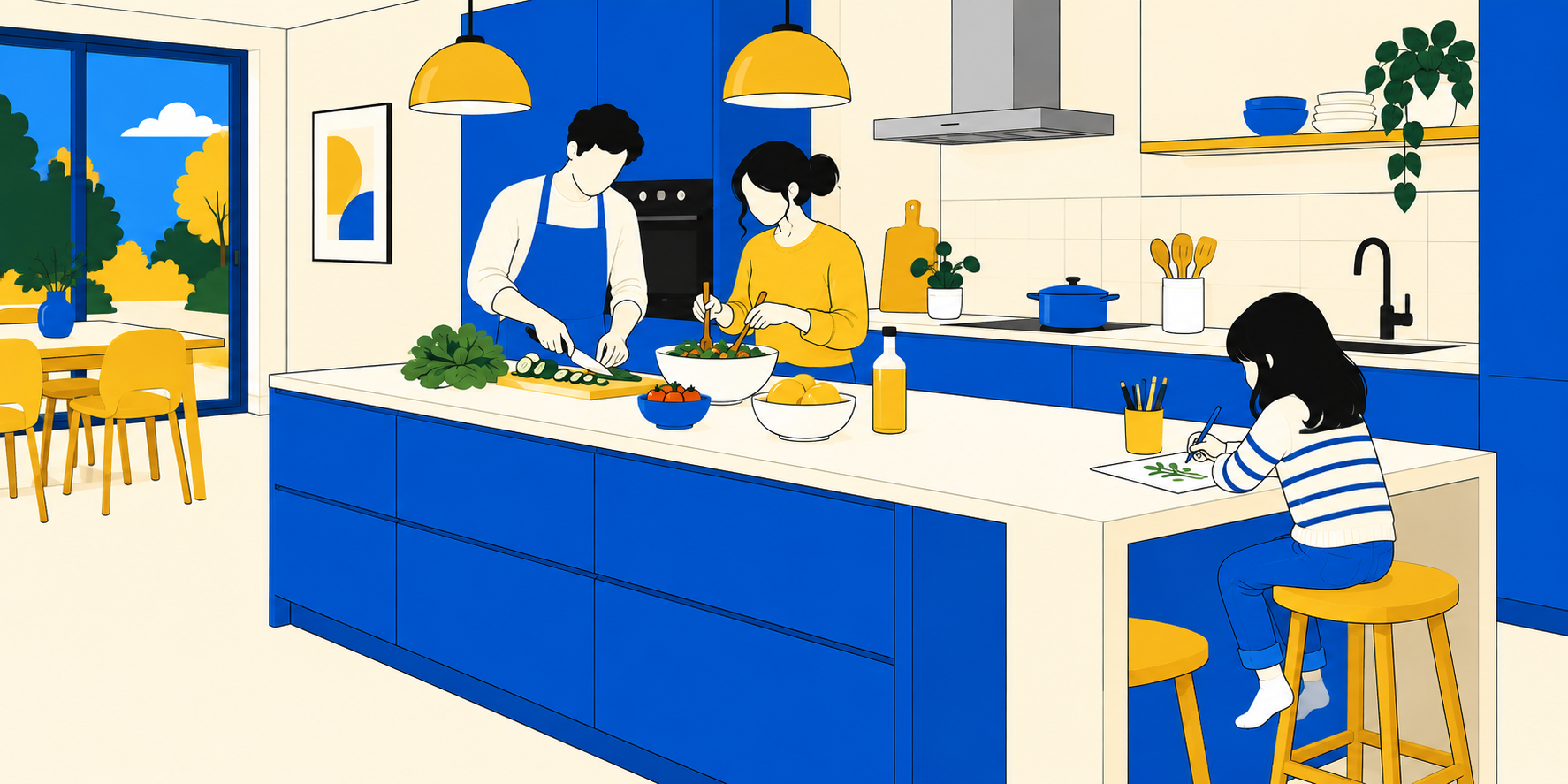 Illustration d’un couple préparant le repas sur un îlot, tandis qu’un enfant dessine au coin repas, à l’autre extrémité.