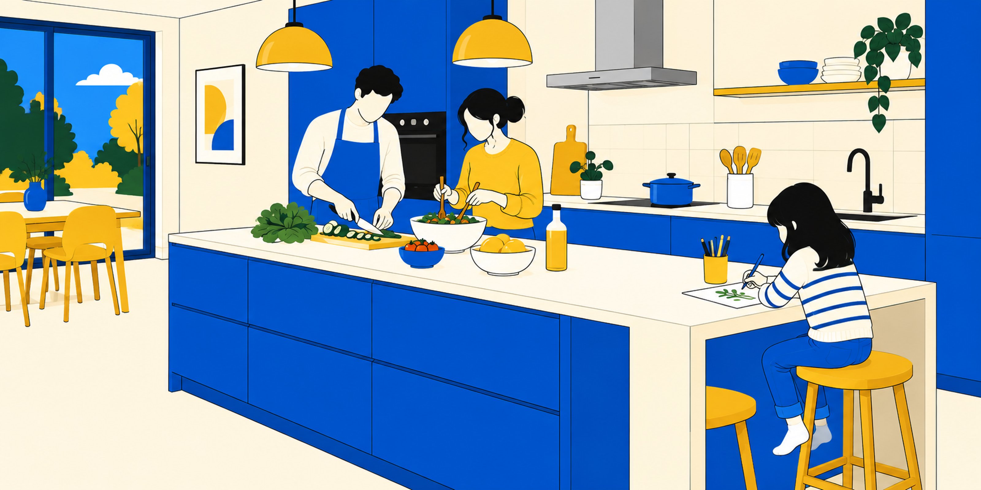Illustration d’un couple préparant le repas sur un îlot, tandis qu’un enfant dessine au coin repas, à l’autre extrémité.