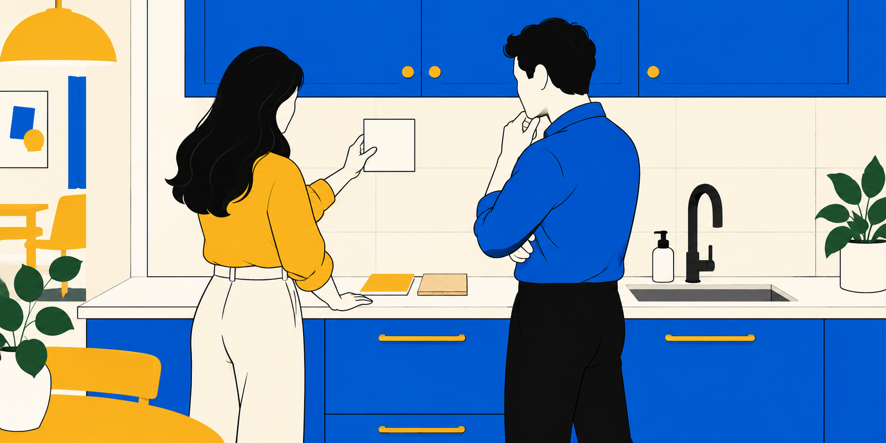 Illustration d’une cliente et d’un conseiller homme comparant un échantillon de crédence avec le plan de travail et les façades bleues.