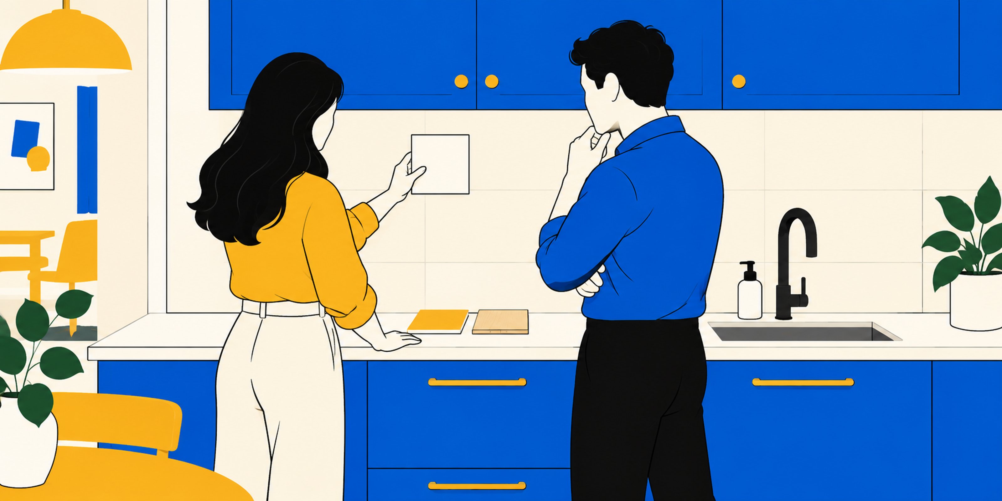 Illustration d’une cliente et d’un conseiller homme comparant un échantillon de crédence avec le plan de travail et les façades bleues.
