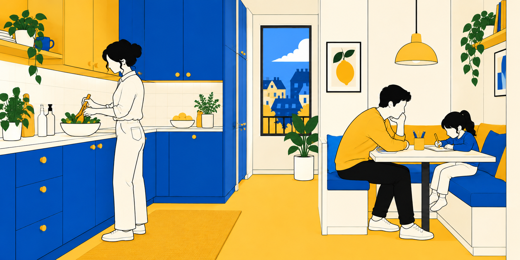 Illustration d’une cuisine compacte en appartement, avec une mère préparant le repas et un père accompagnant son enfant au coin banquette.