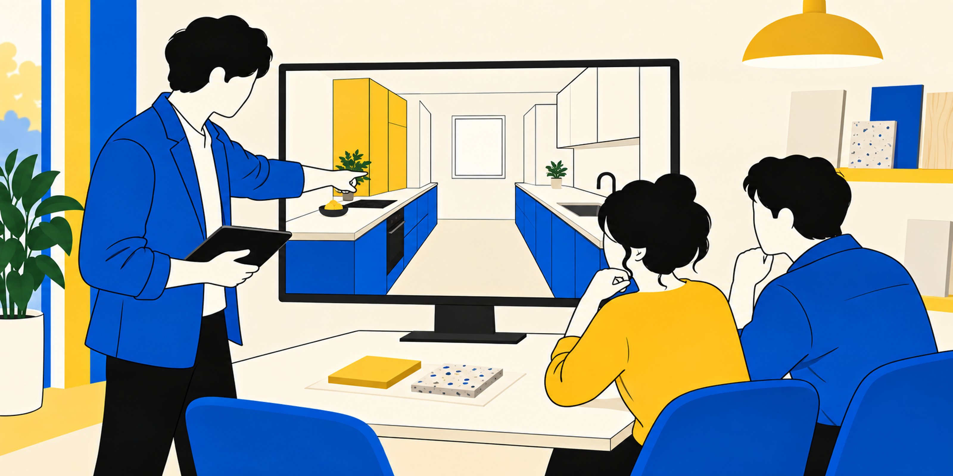 Illustration d’un couple découvrant un projet de cuisine à l’écran avec un cuisiniste.
