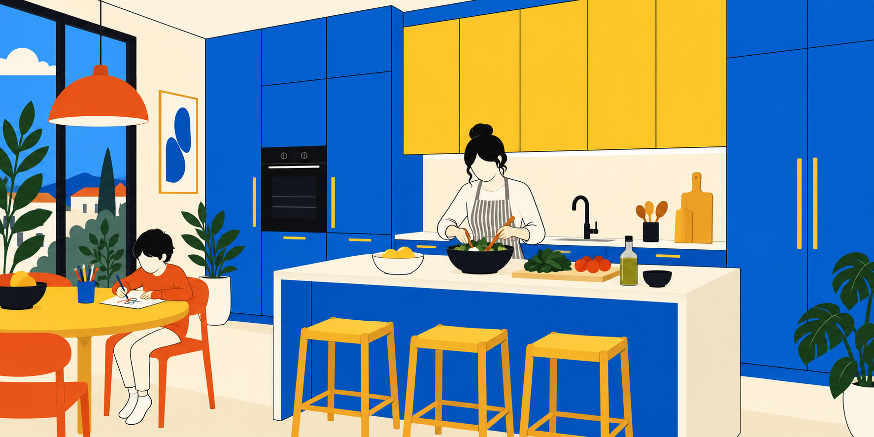 Illustration d'une cuisine avec des rangements bleus et jaunes jusqu'au plafond, une mère préparant le repas et un enfant dessinant à table.