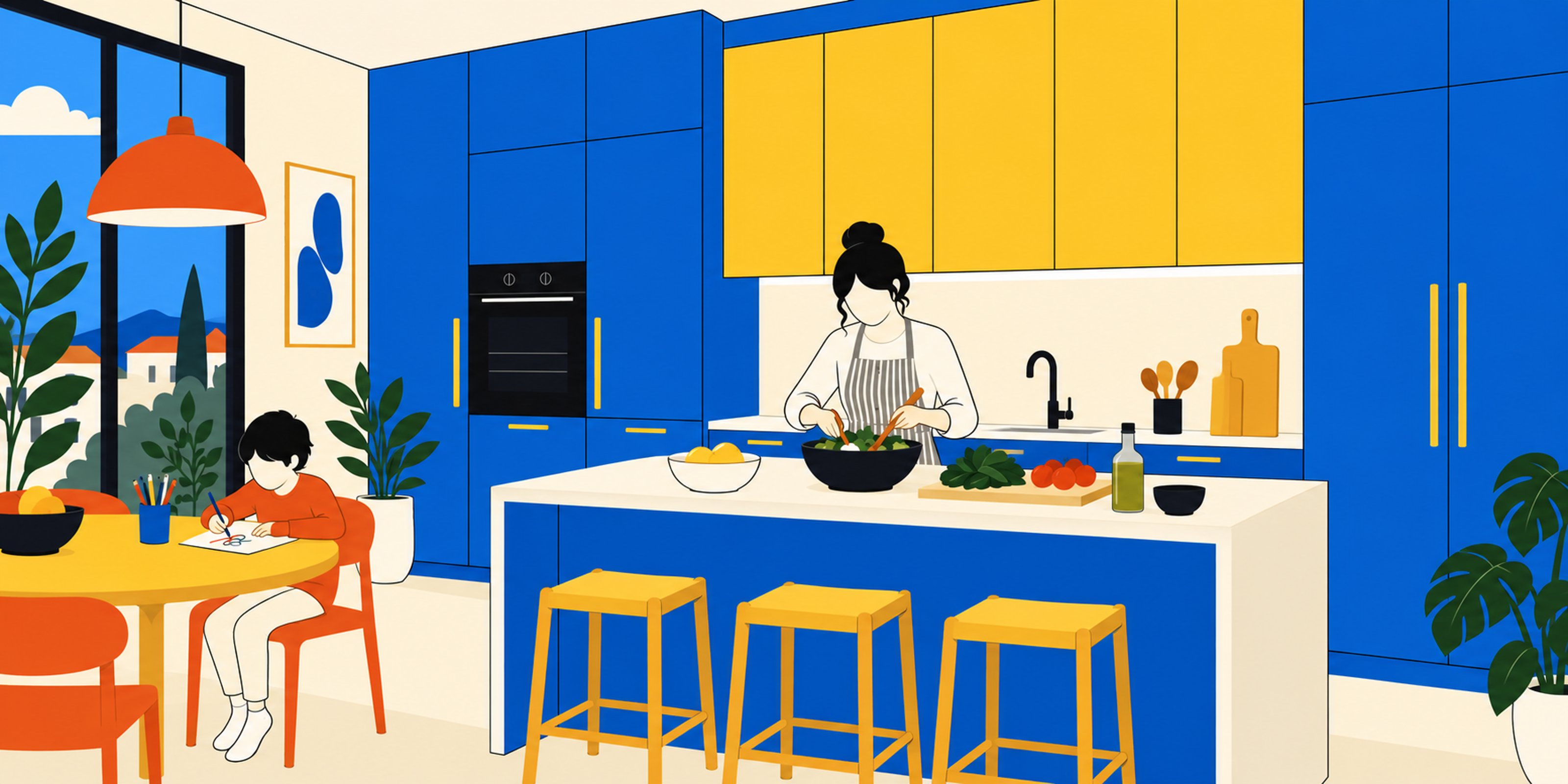 Illustration d'une cuisine avec des rangements bleus et jaunes jusqu'au plafond, une mère préparant le repas et un enfant dessinant à table.