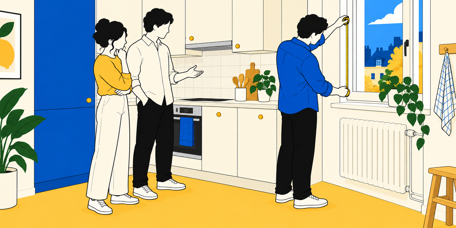 Illustration d’un cuisiniste prenant des mesures chez un couple, près d’une fenêtre et d’un radiateur.