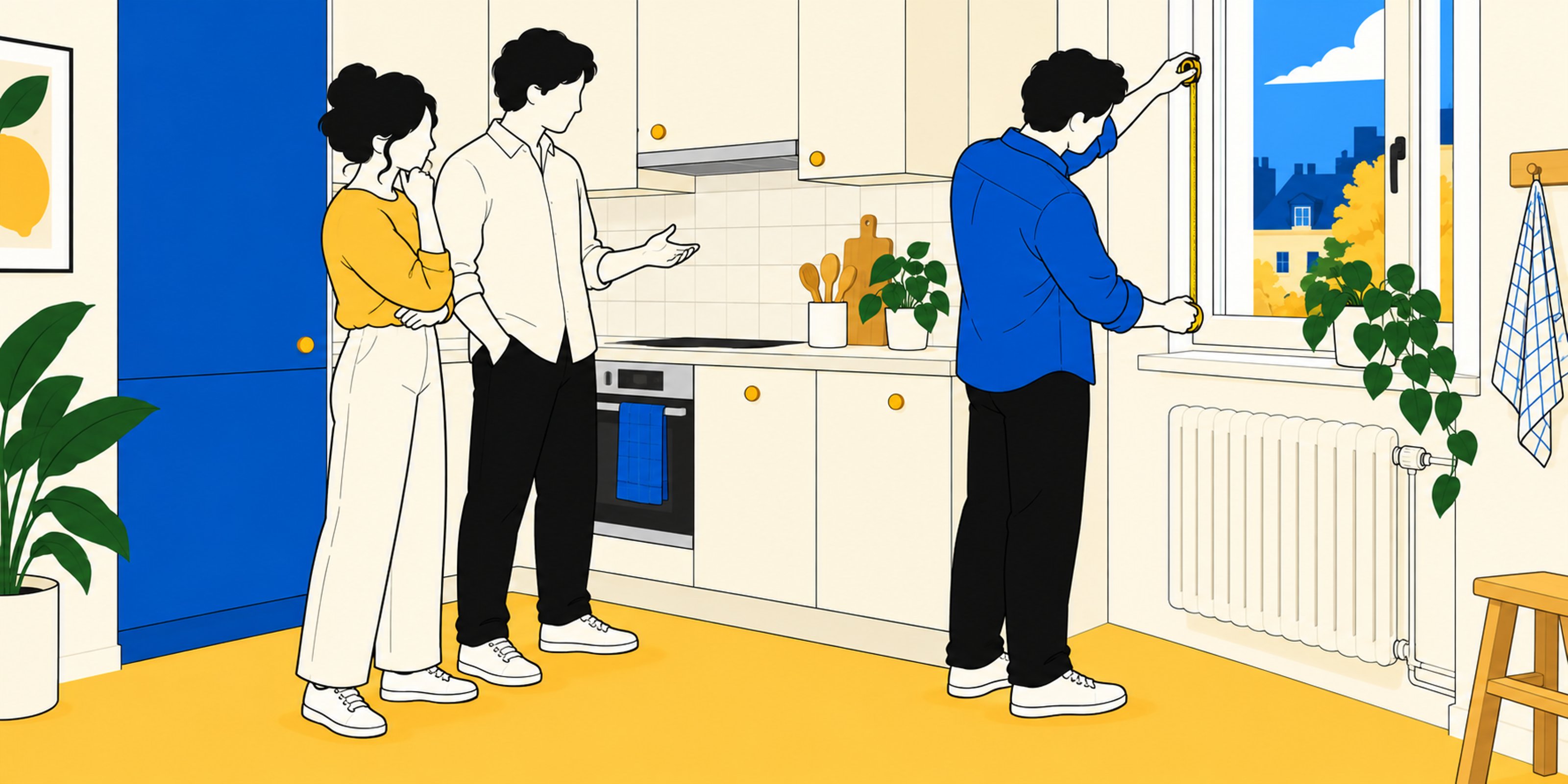 Illustration d’un cuisiniste prenant des mesures chez un couple, près d’une fenêtre et d’un radiateur.