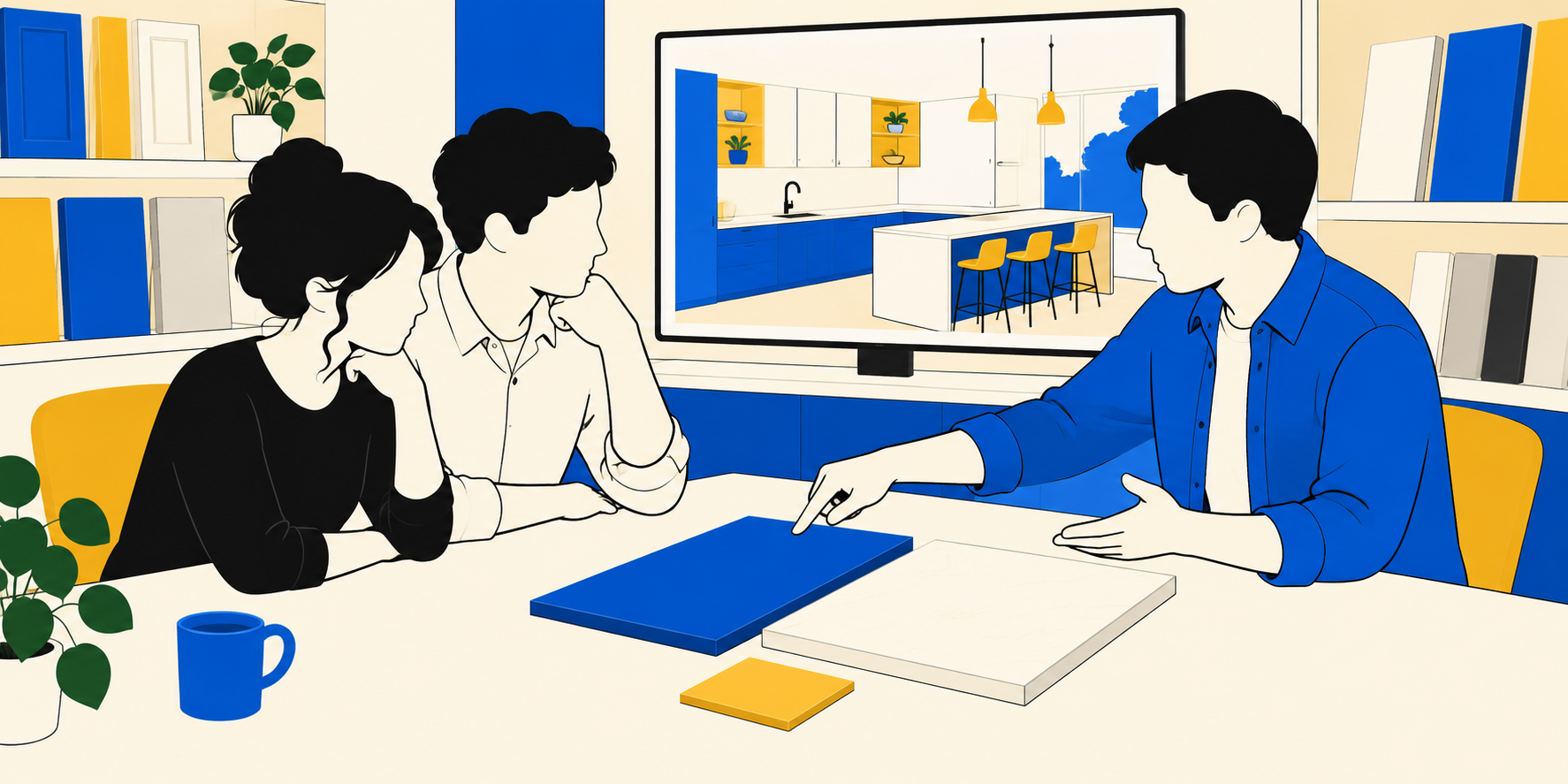 Illustration d'un couple comparant des échantillons avec un conseiller, devant un écran présentant un projet de cuisine.