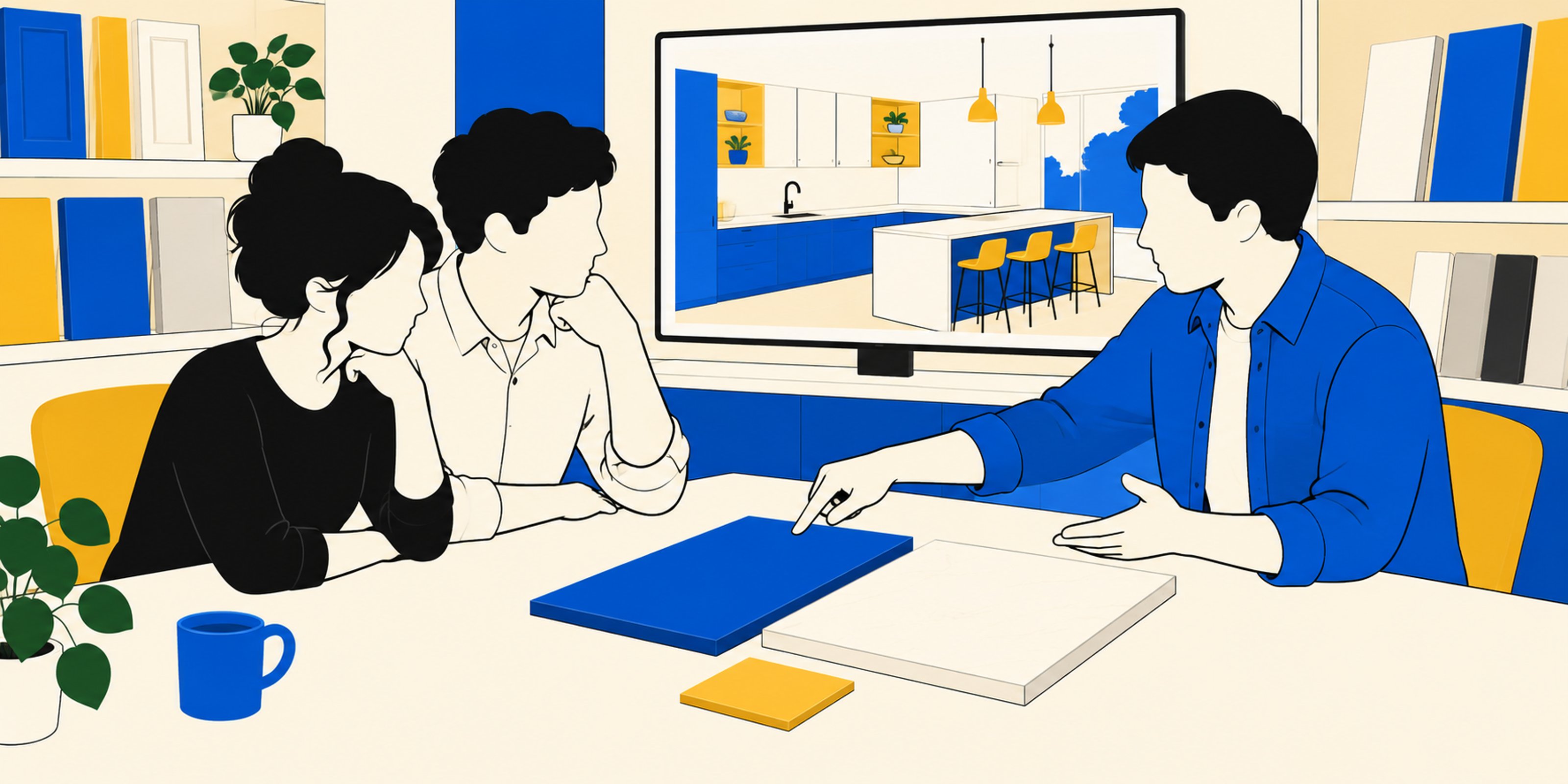 Illustration d'un couple comparant des échantillons avec un conseiller, devant un écran présentant un projet de cuisine.