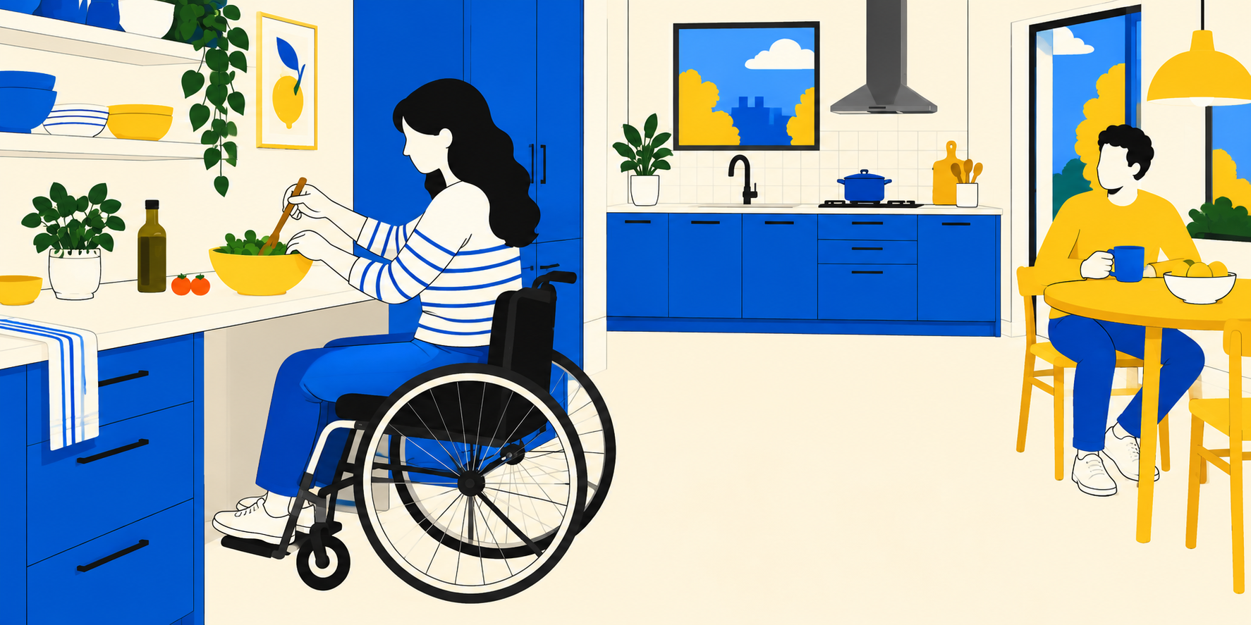 Illustration d’une femme en fauteuil préparant une salade devant une portion de plan dégagée dessous, dans une cuisine bleue et ivoire.