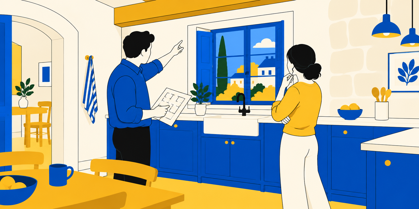 Illustration d’un conseiller homme et d’une cliente étudiant une cuisine dans une maison avec poutres, mur en pierre et fenêtre en retrait.