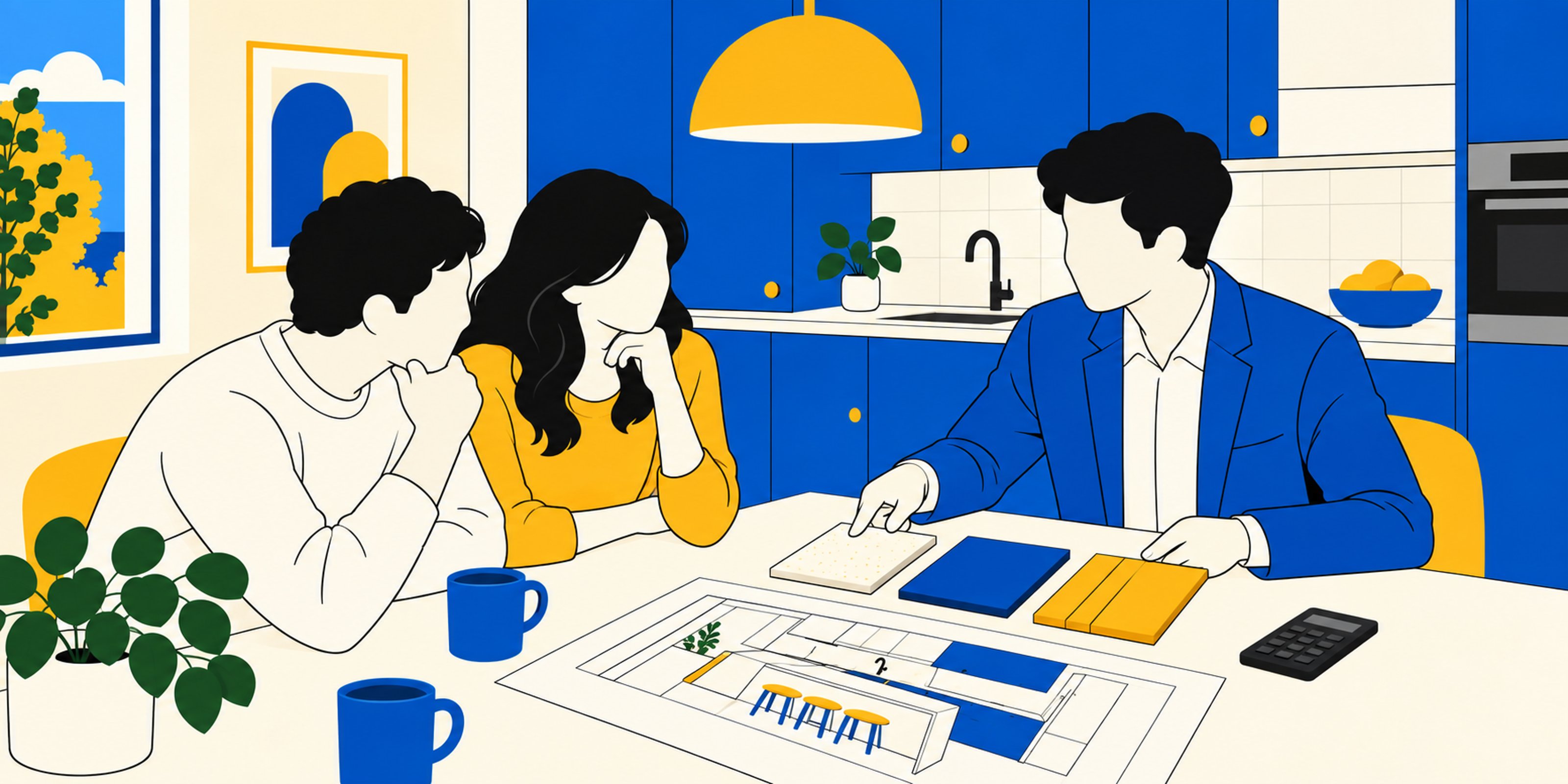 Illustration d’un couple et d’un conseiller homme comparant le projet de cuisine et des échantillons de finitions au showroom.