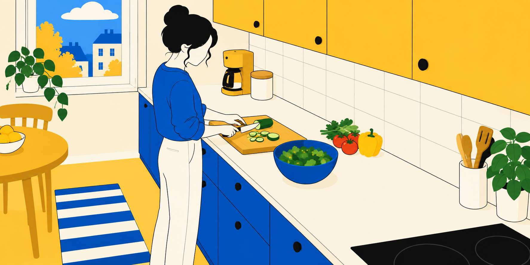Illustration d’une femme préparant des légumes sur un plan dégagé, avec une cafetière placée au fond.