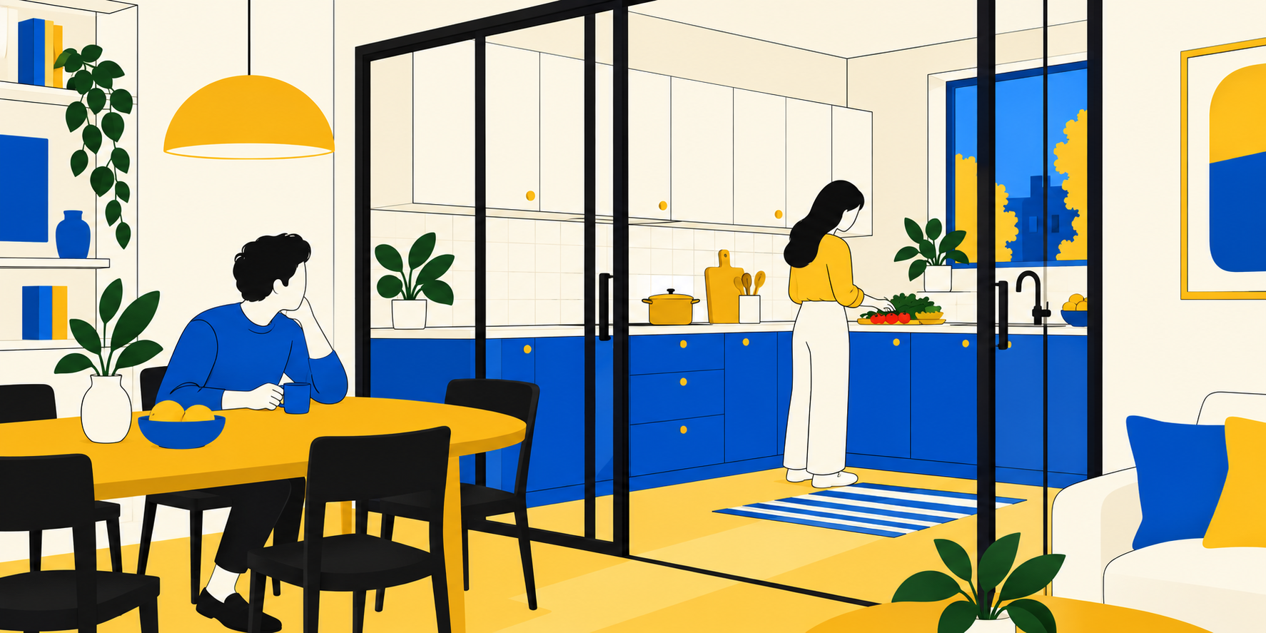 Illustration d’une cuisine séparée du séjour par une paroi vitrée avec un passage ouvert : une femme prépare le repas, un homme est assis à la table.