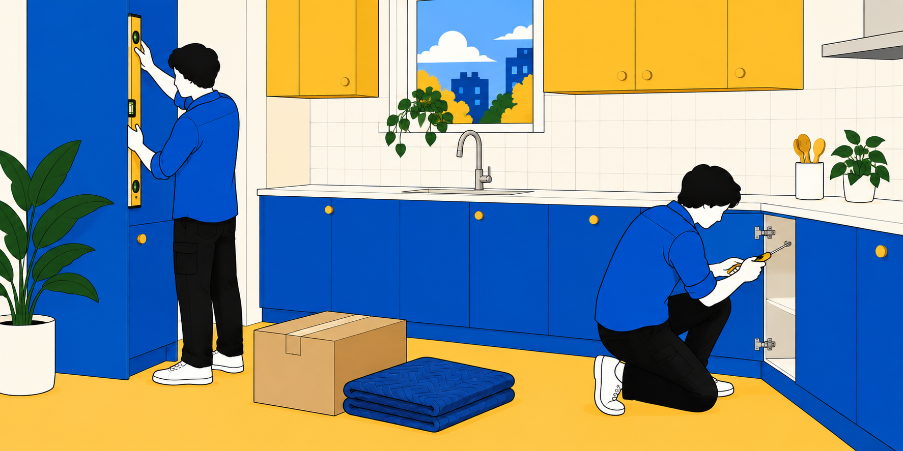 Illustration de deux poseurs réglant les meubles dans une cuisine en cours d’installation.