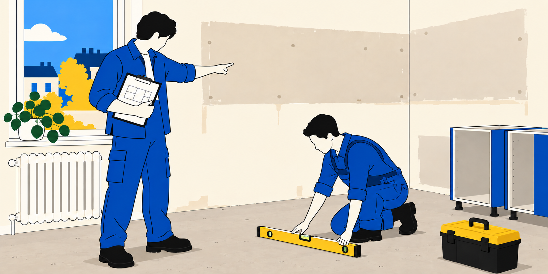 Illustration de deux ouvriers préparant une pièce avant la pose d'une cuisine : contrôle du sol et repérage des reprises de mur.