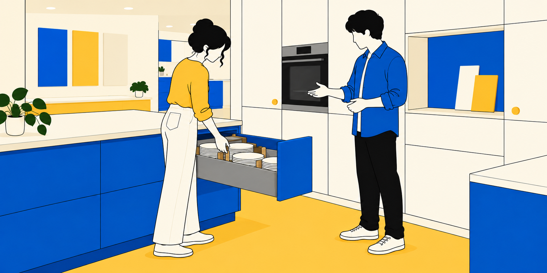 Illustration d’une cliente découvrant un tiroir aménagé avec un conseiller dans une cuisine d’exposition.