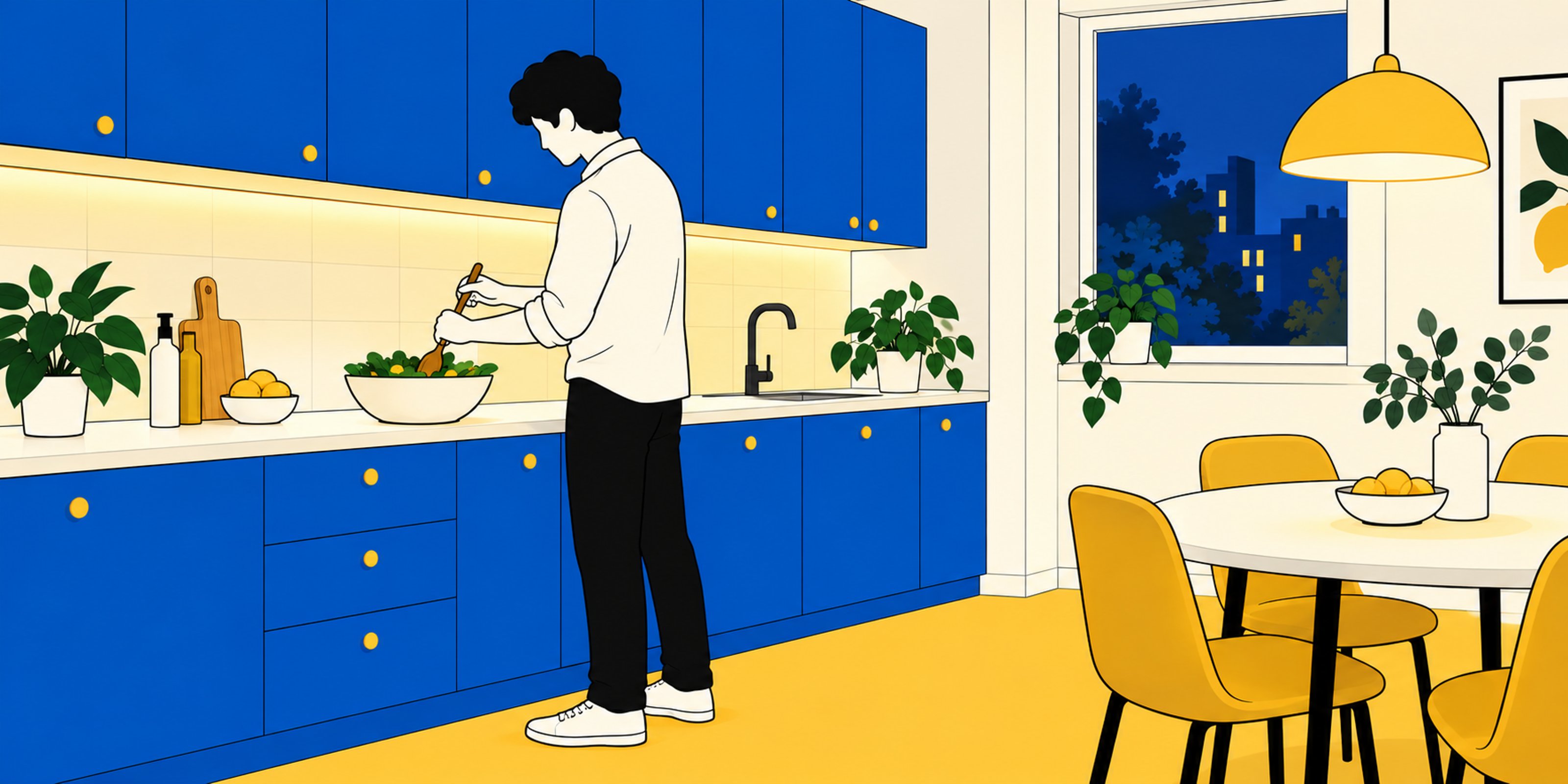 Illustration d’un homme préparant un repas sous un éclairage de meuble haut, avec une suspension distincte au-dessus de la table.