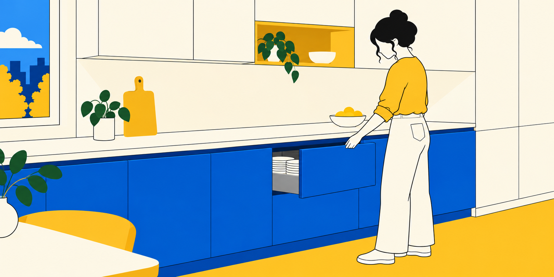 Illustration d’une cliente ouvrant un tiroir par la prise située en haut de la façade, dans une cuisine sans poignées rapportées.