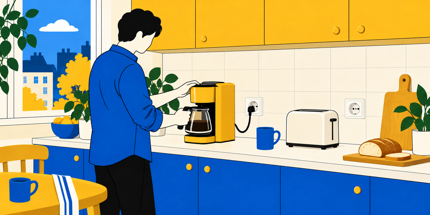 Illustration d’un homme préparant le café, avec des prises accessibles près des petits appareils sur le plan de travail.