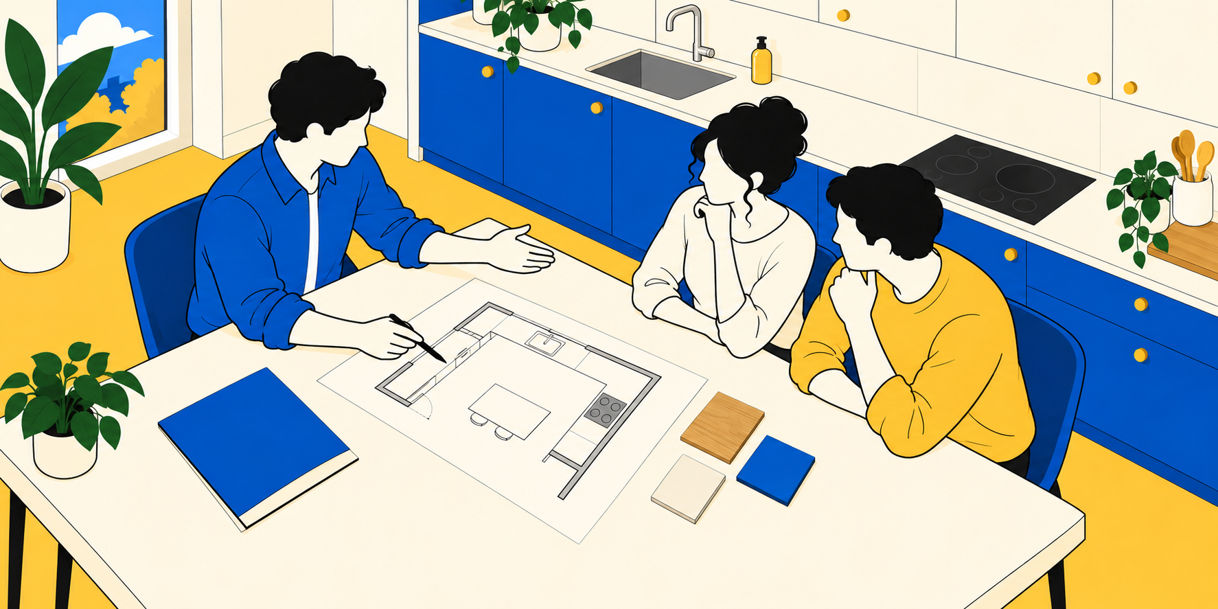 Illustration d’un couple échangeant avec un cuisiniste autour du plan et des finitions de leur projet.