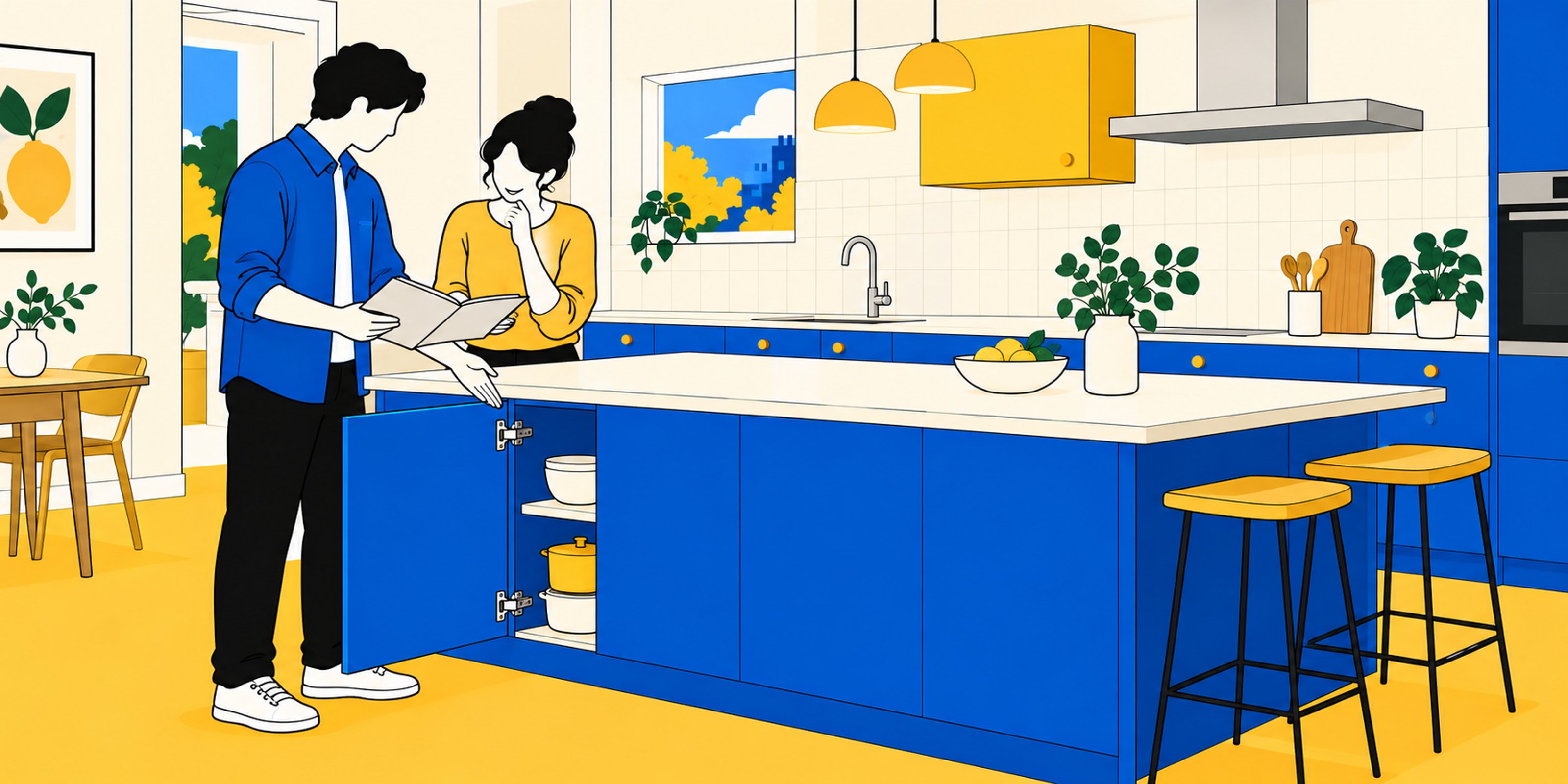 Illustration d’un professionnel et d’une cliente échangeant autour des documents d’une cuisine installée.