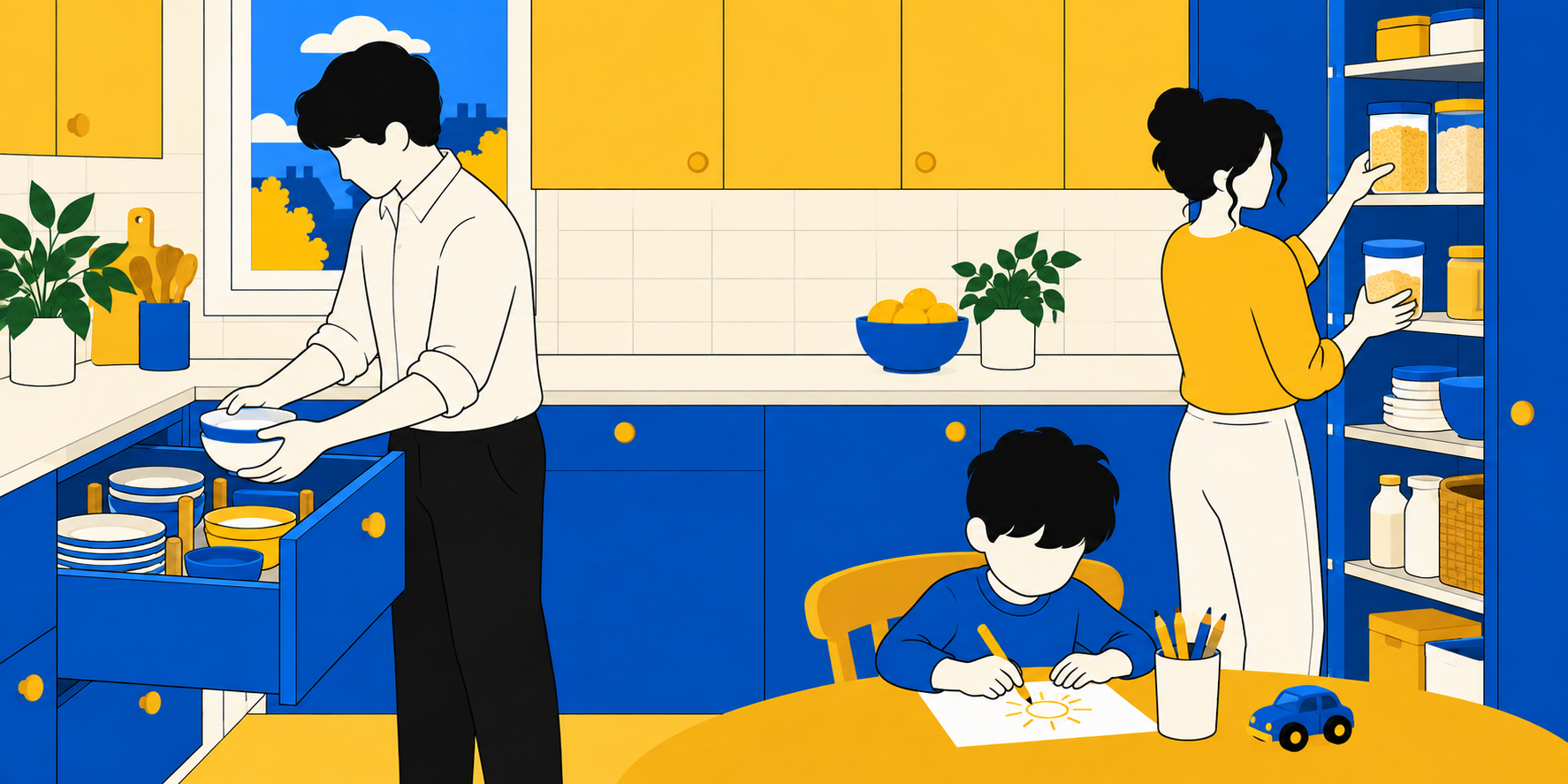 Illustration d'une famille dans sa cuisine : un père range la vaisselle dans un tiroir, une mère utilise le garde-manger et un enfant dessine à table.